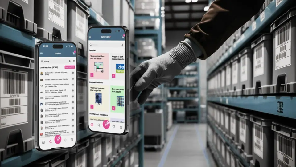 Two phones showing the BarTrack app in front of a warehouse aisle with crates
