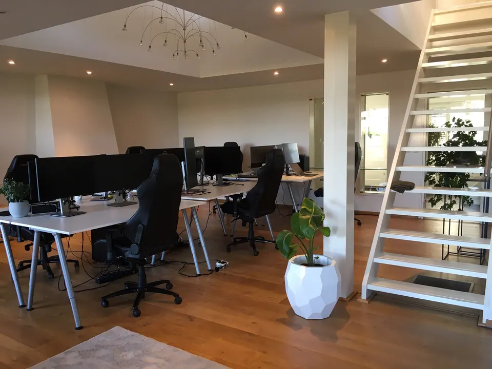 The RUAL office: desks with monitors along one wall, plants and an open staircase.
