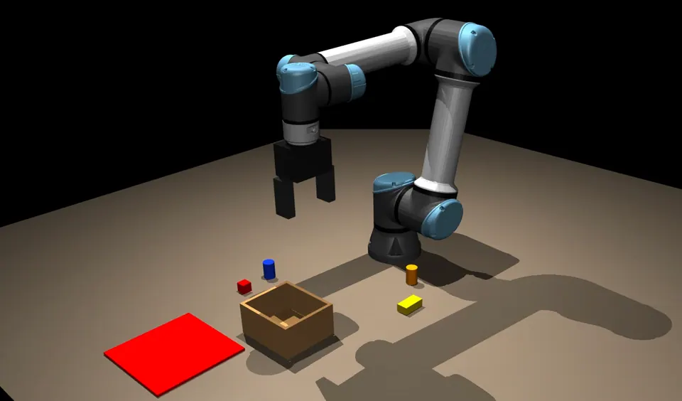 Simulatie in 3D van een robotcel met een grijparm boven een bak